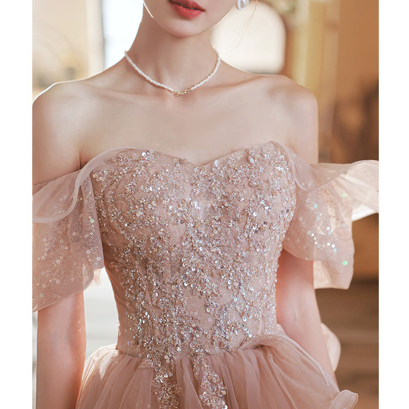 Dinner dress lace maxi dress formal prom gown long sleeve prom formal Pink Evening Dress off-the-Shoulder Gown Fairy H831