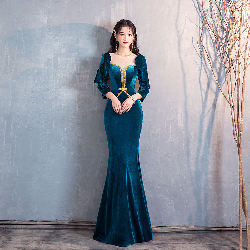 Green Blue dress Evening Dress Velvet Women's 2020 New Super Fairy Banquet Temperament Autumn and Winter Long Sleeve Host Long Show Fishtail Skirt